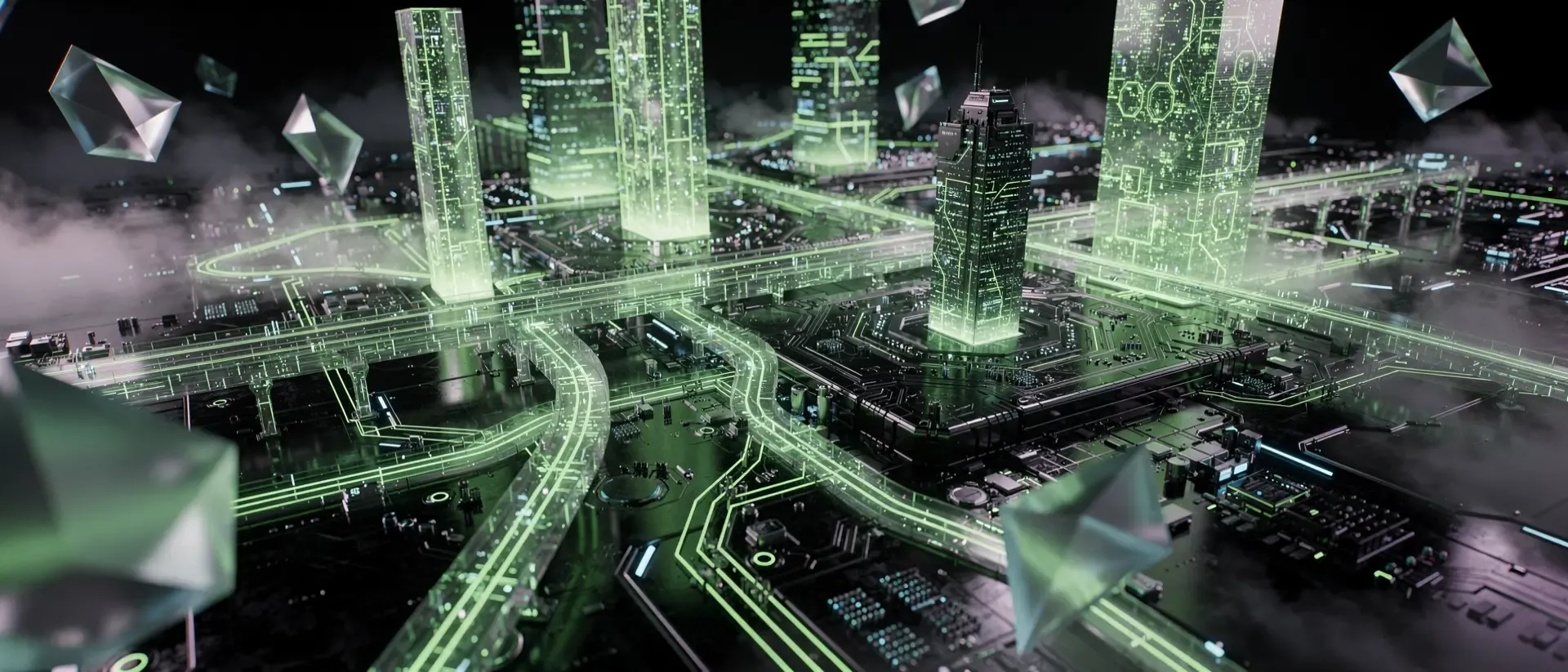 Futuristisches, holografisches Computer-Interface mit leuchtend grünen Schaltkreisen und geometrischen Ringen in einer dunklen Cyberpunk-Umgebung.