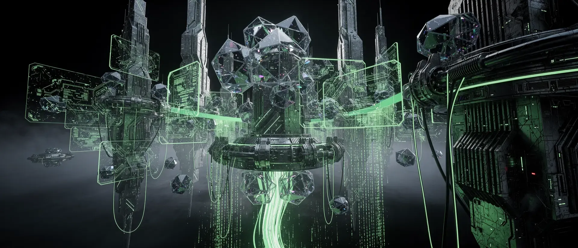 Abstrakte Cyberpunk-Schnittstelle mit einem zerbrechenden, neongrünen digitalen Schild vor einem dunklen Hintergrund mit Schaltkreismustern und Nebel.