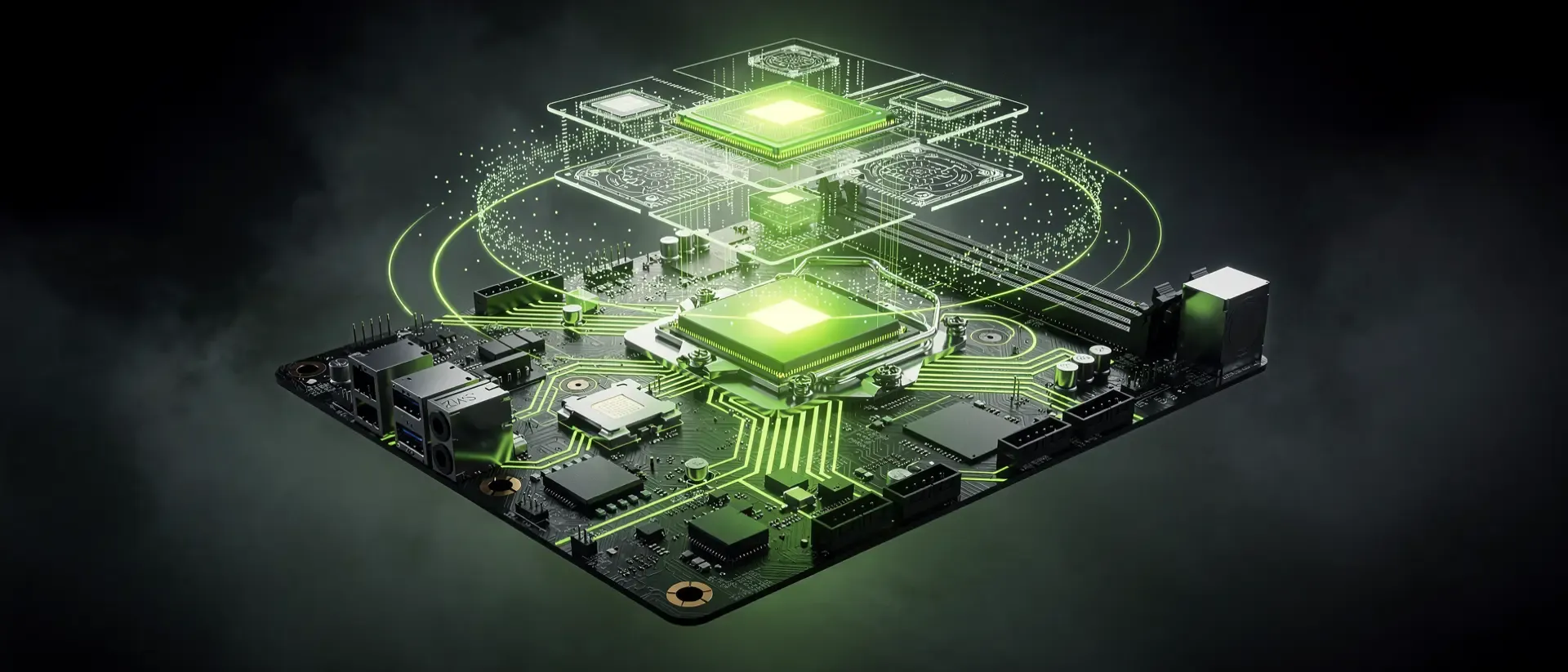 Nahaufnahme eines futuristischen Cyberpunk-Mainboards mit leuchtend neongrünen Schaltkreisen, Flüssigkeitskühlung und dunklen Metalloberflächen.