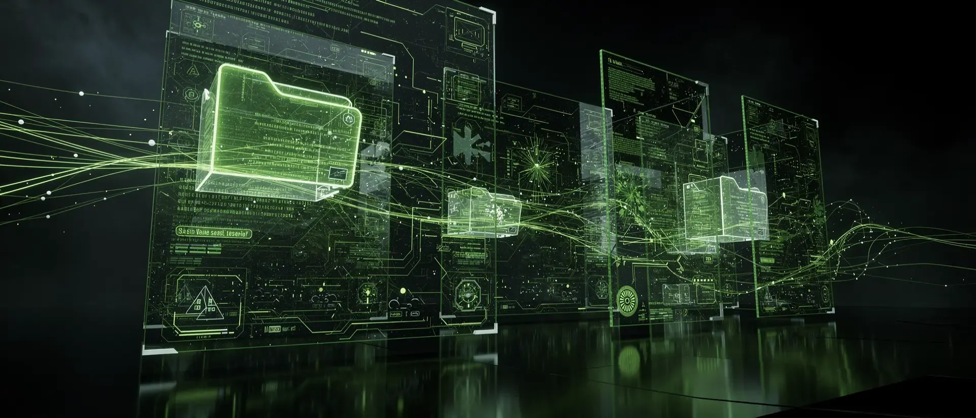 Futuristisches Cyberpunk-Interface mit holografischen 3D-Ordnern und leuchtend neongrünen Energiefäden in einer dunklen, digitalen Architektur.