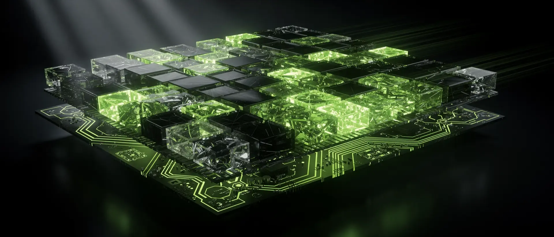 Mikroskopische Cyberpunk-Visualisierung eines digitalen Displays mit leuchtend neongrünen, kristallinen Pixelzellen und dynamischen Lichteffekten.
