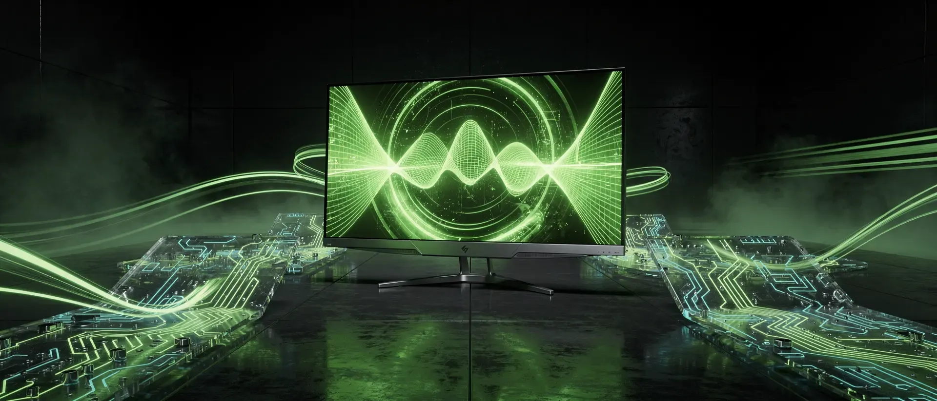 Ein futuristischer Gaming-Monitor schwebt in einem dunklen Cyberpunk-Labor, umgeben von leuchtend neongrünen Energieflüssen und holografischen Wellen.