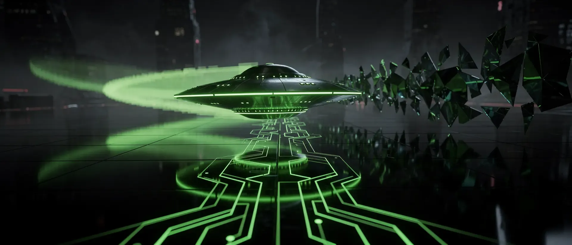 Ein futuristisches, neon-grünes Hologramm-UFO gleitet mit digitalen Ghosting-Effekten über einen dunklen, obsidianfarbenen Cyberpunk-Boden.