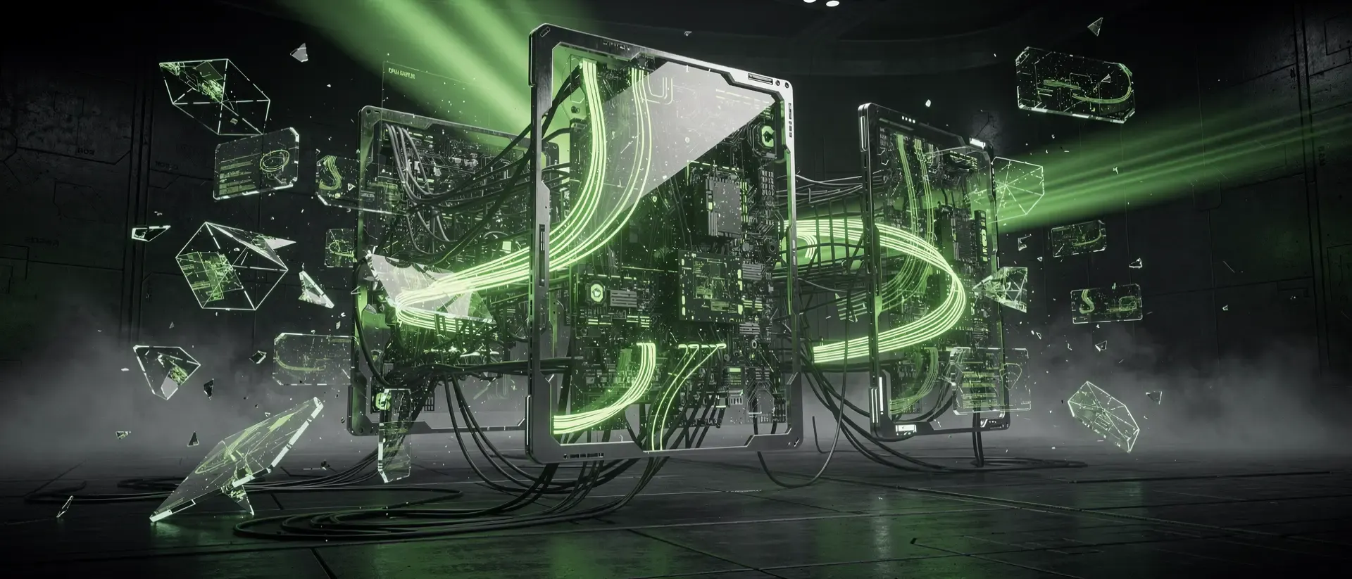 Ein futuristisches Cyberpunk-Labor mit schwebenden High-Tech-Displays und leuchtenden neongrünen Schaltkreisen in einer dunklen, nebligen Umgebung.