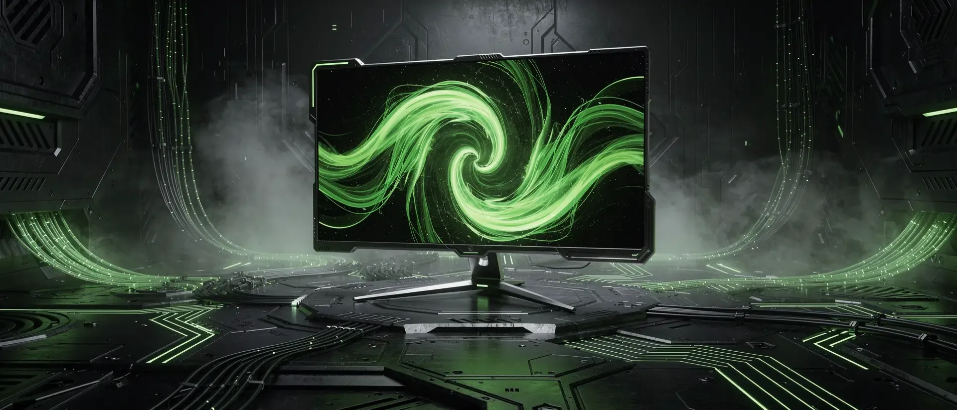 Ein futuristischer Gaming-Monitor mit leuchtend neongrünen Energie-Wellen und glühenden Schaltkreismustern in einer dunklen Cyberpunk-Umgebung.