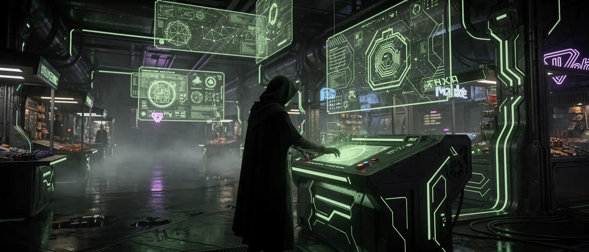 Kinematografische Cyberpunk-Marktplatzszene mit einer mysteriösen Gestalt vor leuchtend neongrünen Hologrammen in einer dunklen, futuristischen Atmosphäre.