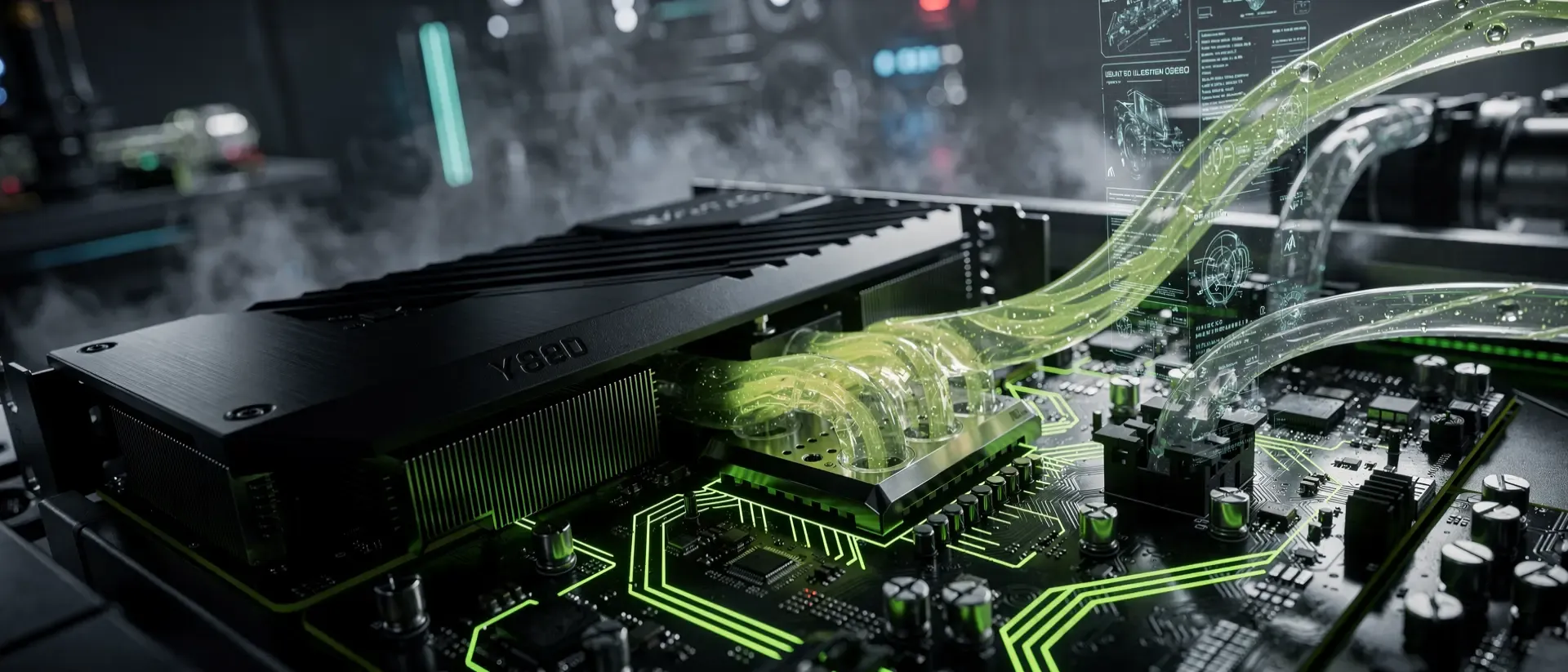 Extremer Nahaufnahme einer futuristischen Grafikkarte, die in ein leuchtendes Motherboard mit neon-grünen Schaltkreisen in einem Cyberpunk-Labor eingesetzt wird.