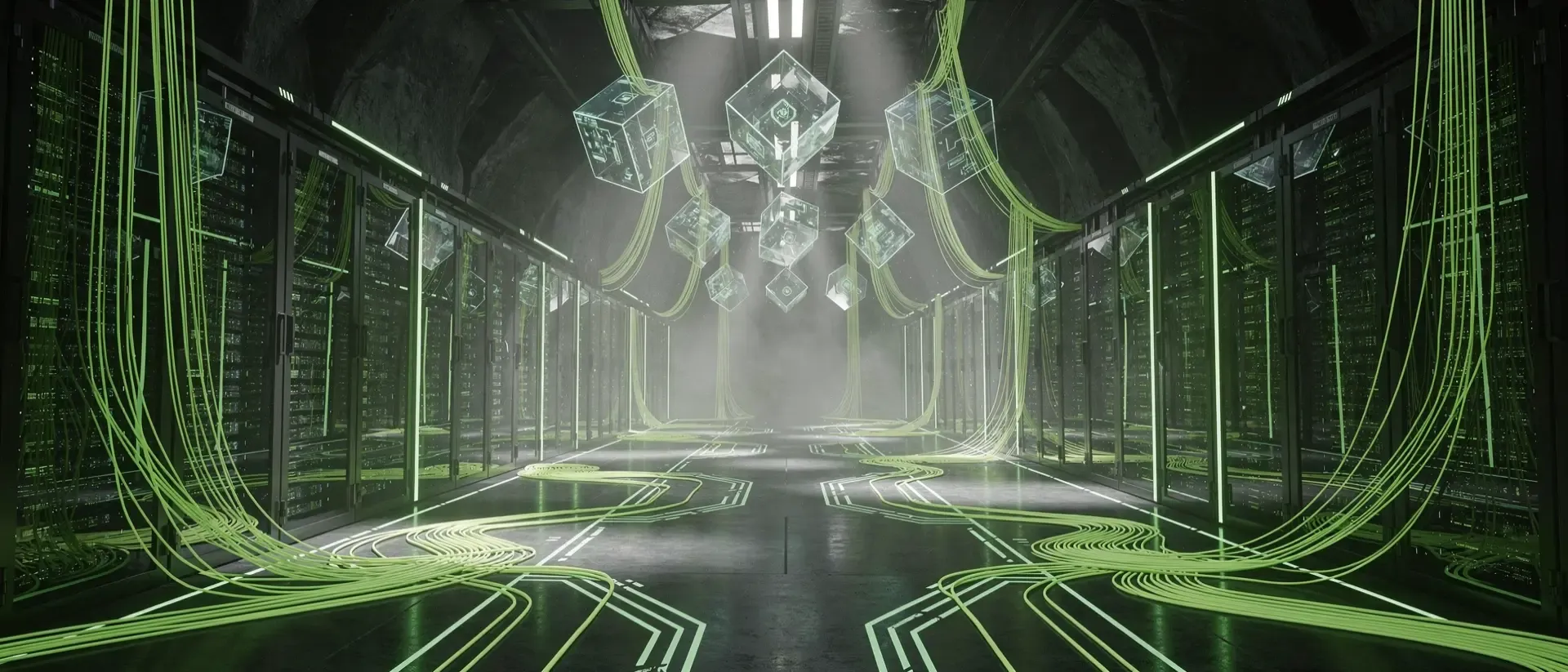 Ein futuristisches Cyberpunk-Rechenzentrum mit leuchtend neongrünen Schaltkreisen, Server-Racks und holografischen Datenknoten in dunkler Atmosphäre.