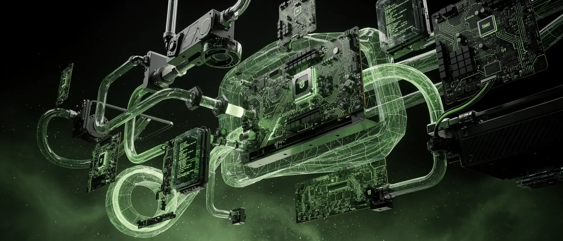 Ein zerlegter, in der Schwerelosigkeit schwebender Cyberpunk-Gaming-PC mit leuchtend neongrünen Kühlungen und holografischen Gittern vor schwarzem Grund.