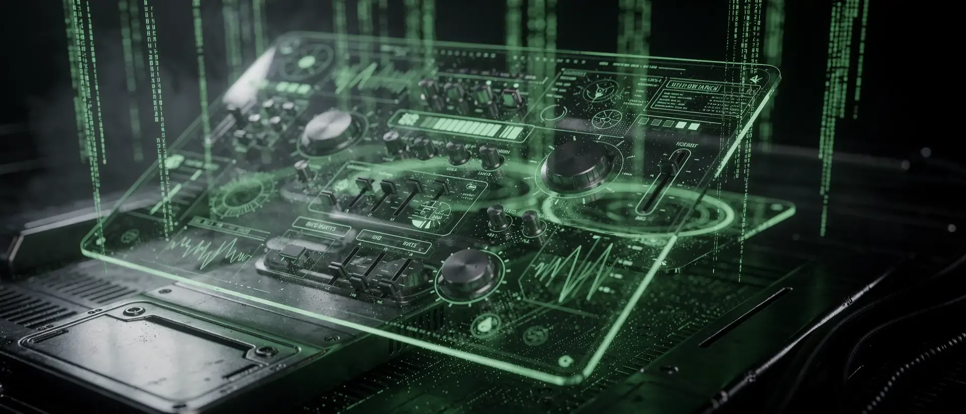 Nahaufnahme eines futuristischen, holografischen Cyberpunk-Interfaces mit leuchtend neongrünen Reglern und Datenströmen vor schwarzem Hintergrund.