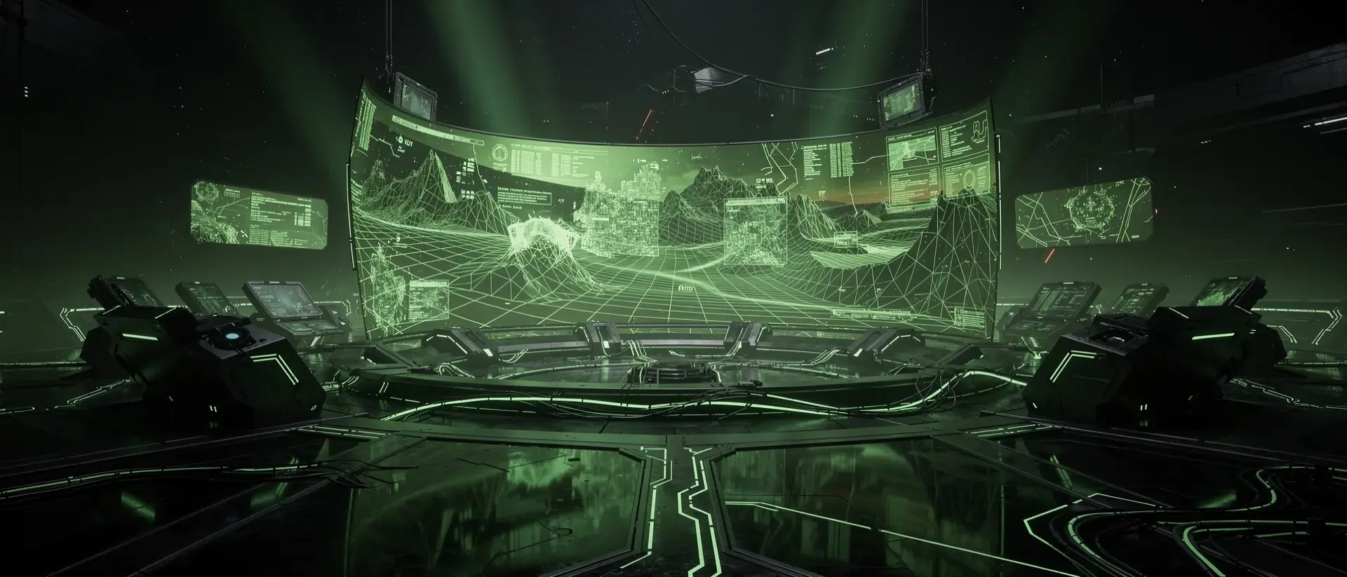 Futuristisches Cyberpunk-Gaming-Command-Center mit einem riesigen, neon-grün leuchtenden Hologramm in einer dunklen, hochtechnologischen Umgebung.