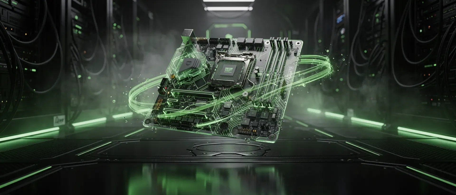 Ein futuristisches Cyberpunk-Labor mit einem schwebenden, transparenten Mainboard, das von leuchtend neongrünen Energiepulsen und Datenströmen durchzogen wird.
