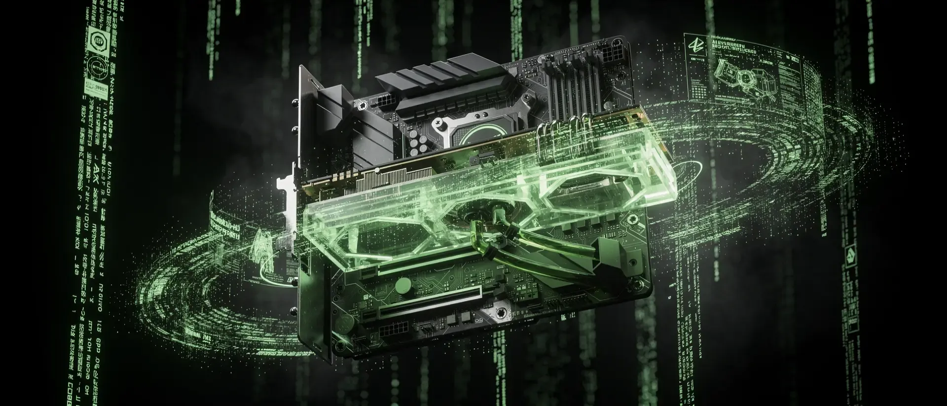 Futuristische Gaming-Hardware in einem dunklen Cyberpunk-Setting mit leuchtend neongrünen Flüssigkeitskühlungen und holografischen Datenströmen.