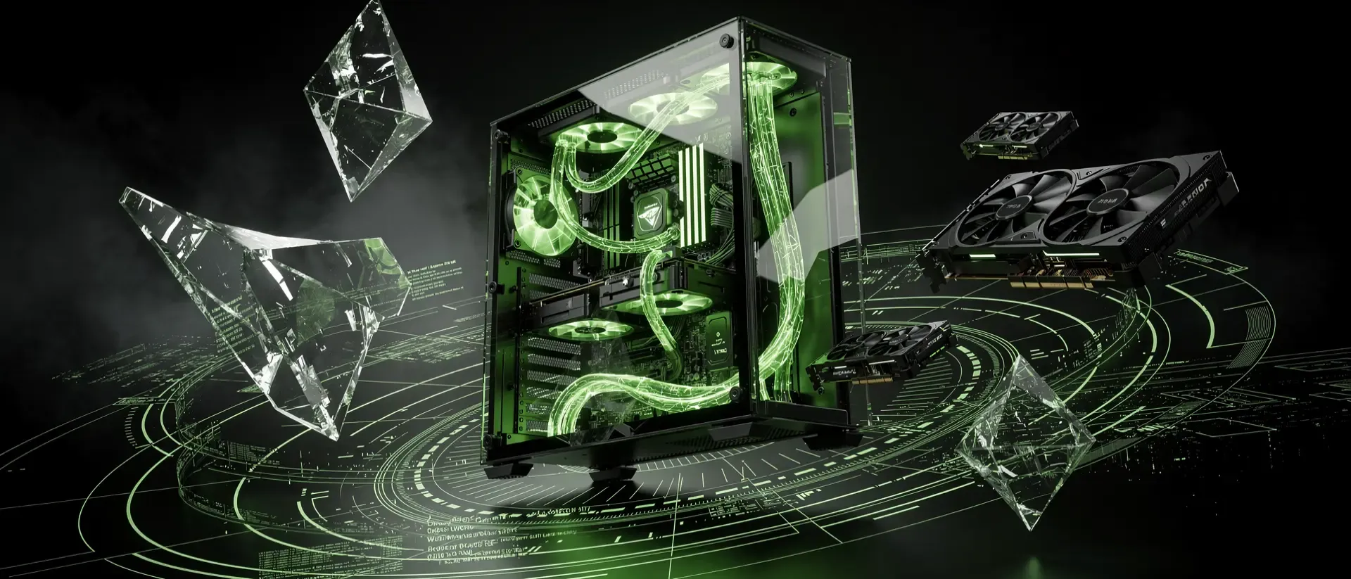Ein futuristischer, transparenten Gaming-PC schwebt in einer dunklen Cyberpunk-Laborumgebung und leuchtet mit intensiv neon-grünen Energieimpulsen.