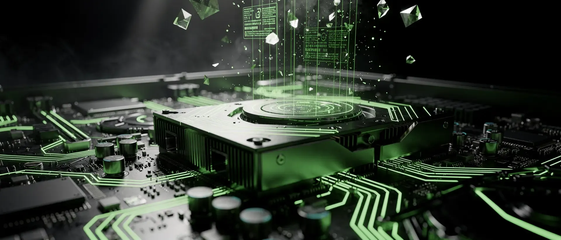 Nahaufnahme von Cyberpunk-Hardware mit leuchtend neongrünen Energieimpulsen, die wie digitale Adern durch futuristische Schaltkreise fließen.