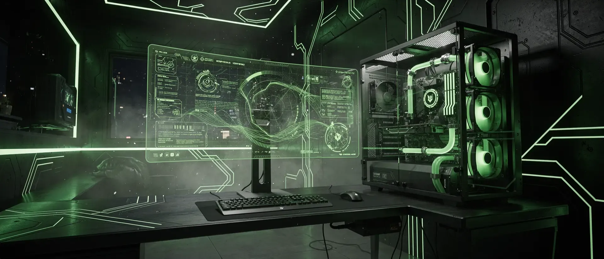 Futuristisches Cyberpunk-Gaming-Setup in einem dunklen Zimmer mit leuchtend neongrünen Lichtstreifen, holografischem Monitor und transparentem PC.