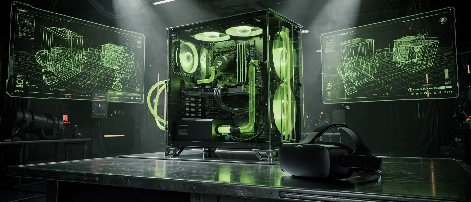 Ein futuristischer Cyberpunk-Gaming-PC mit leuchtend neongrüner Flüssigkeitskühlung und schwebenden holografischen 3D-Displays in einem High-Tech-Labor.