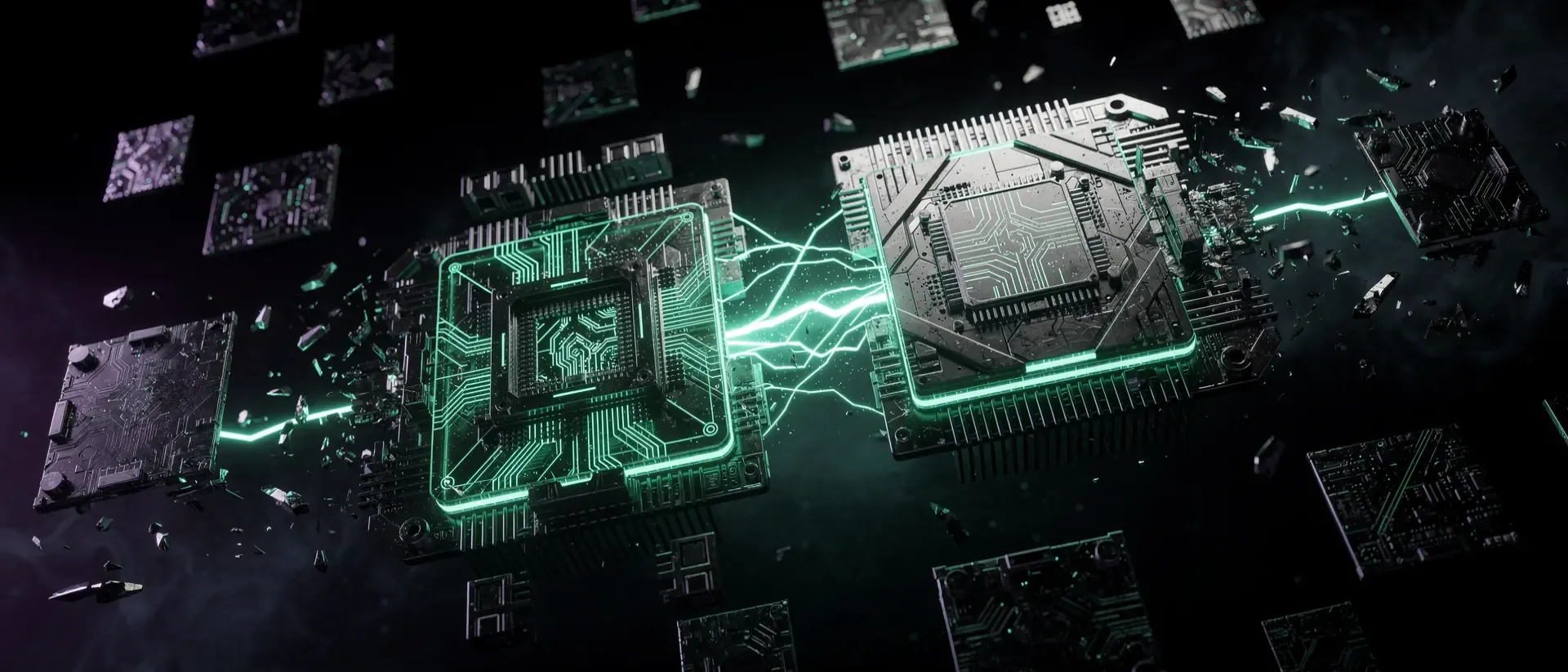 Nahaufnahme einer futuristischen, holografischen GPU und CPU, die mit neongrünen Schaltkreisen und Lichteffekten in einer dunklen Cyberpunk-Laborumgebung schweben.