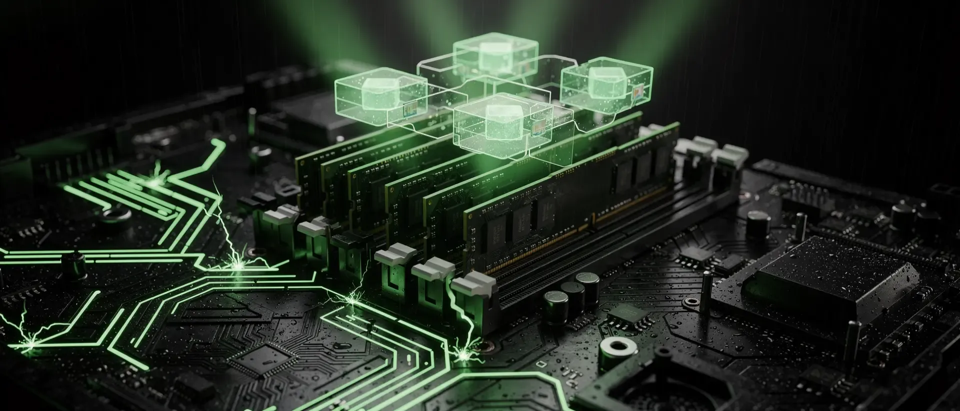 Makroaufnahme einer futuristischen Cyberpunk-Platine mit leuchtend neongrünen Energieimpulsen und schwebenden holografischen Speicherblöcken.