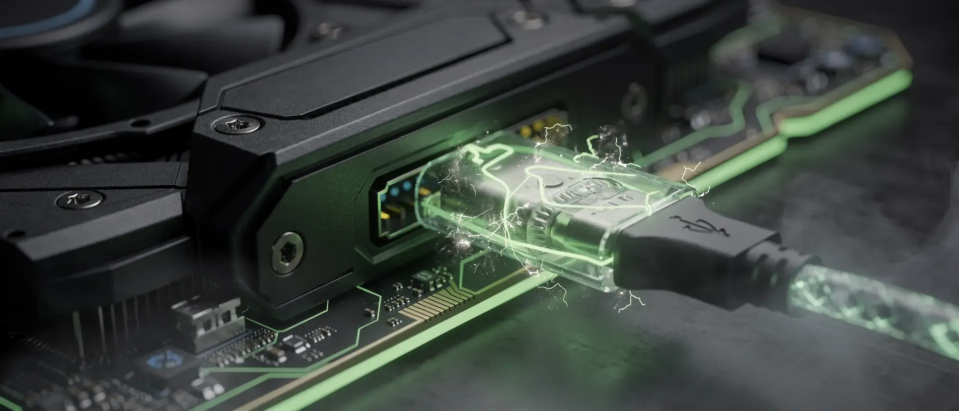 Extremer Nahaufnahme eines futuristischen GPU-Anschlusses, in den ein Kabel mit leuchtend neongrünen Energieflüssen und Funken gesteckt wird.