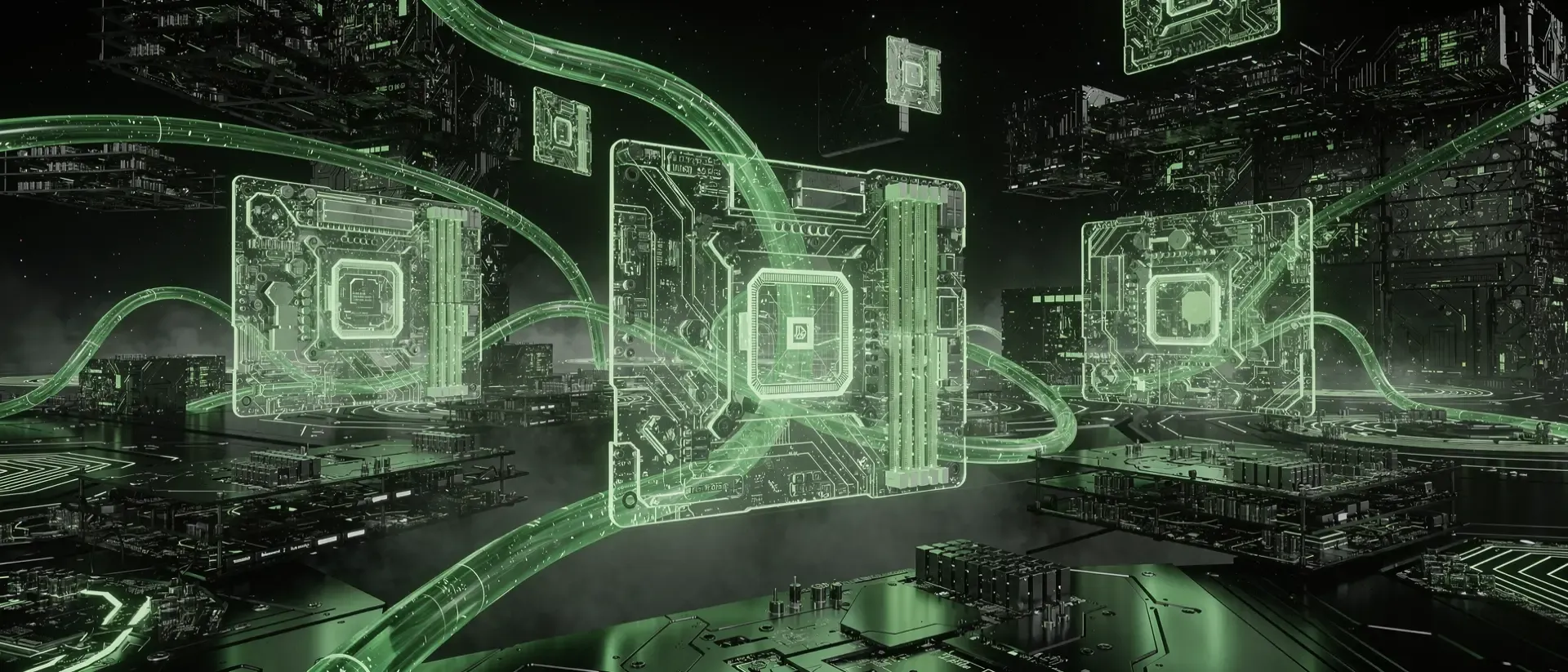 Futuristische Cyberpunk-Hardware in einem dunklen Raum mit leuchtend neongrünen Schaltkreisen, holografischen Komponenten und flüssiger Kühlung.