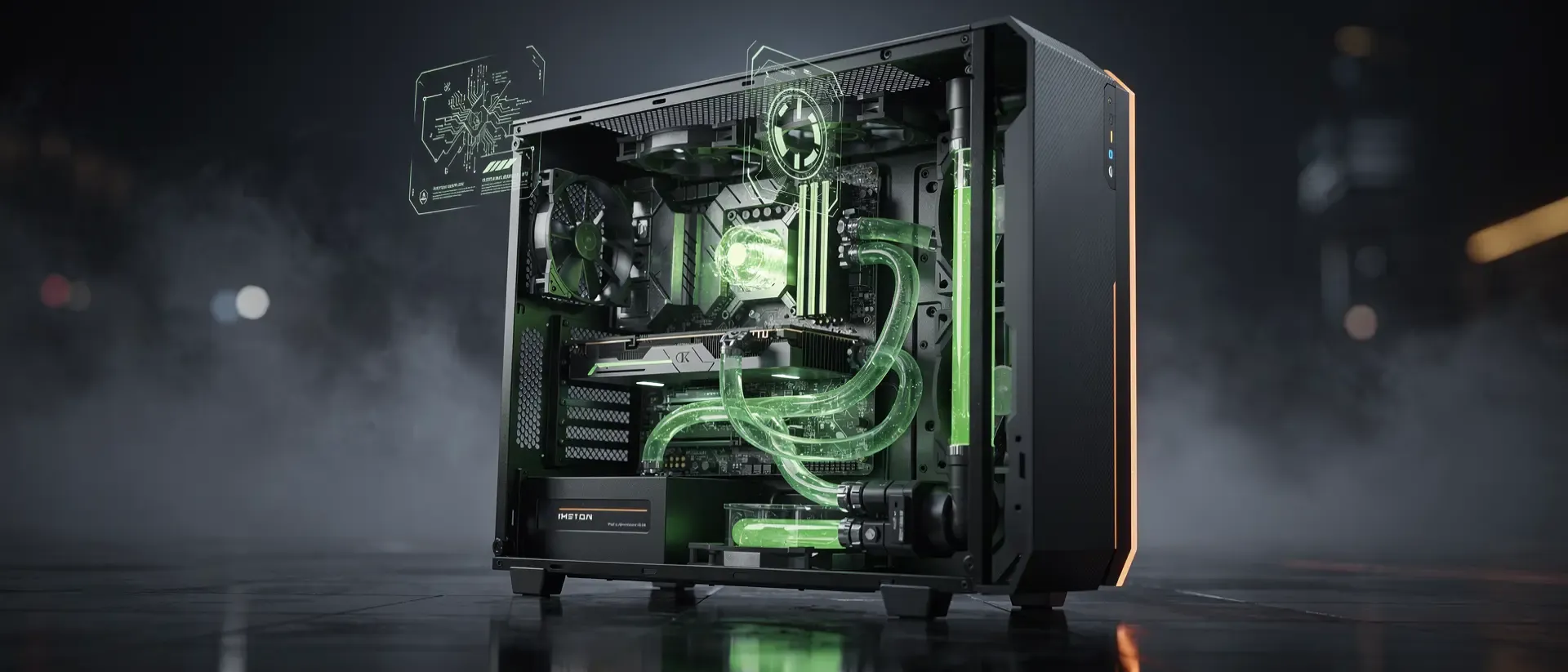 Futuristische Cyberpunk-Hardware in einem Labor mit einem Gaming-PC, der durch neon-grünes Licht, Flüssigkühlung und Hologramme besticht.