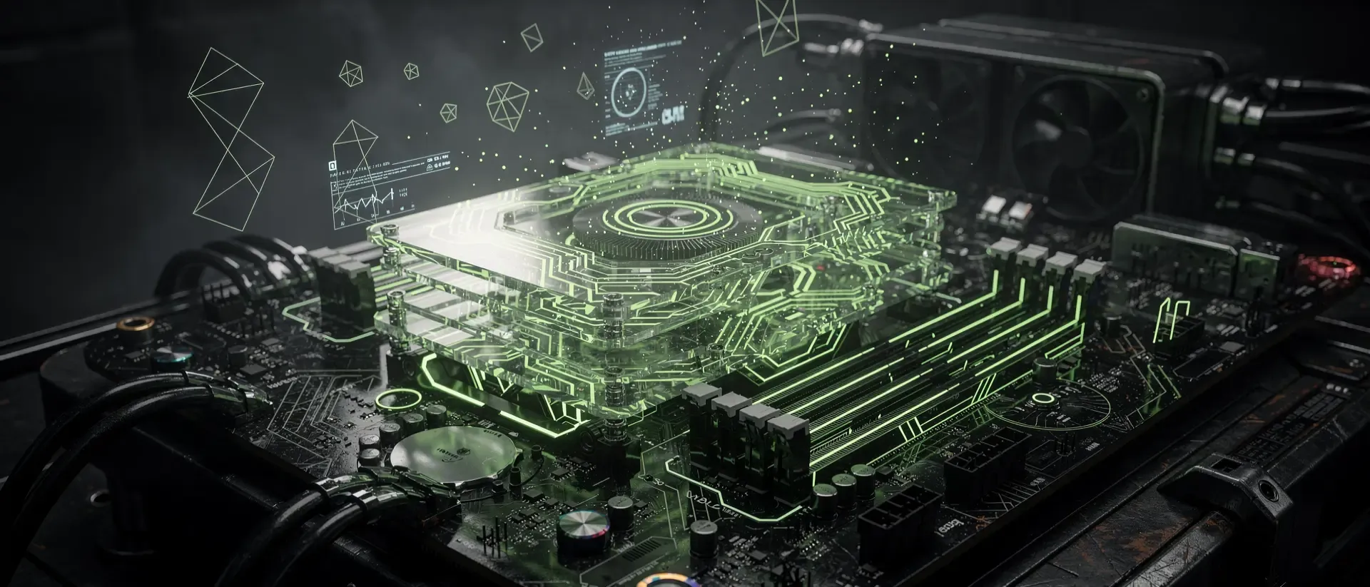 Nahaufnahme einer futuristischen, durchsichtigen GPU-Architektur mit pulsierenden, neongrünen Schaltkreisen in einem dunklen Cyberpunk-Labor.