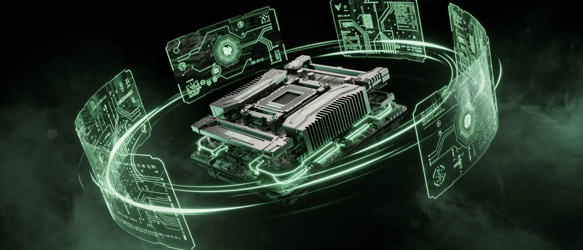 Futuristische GPU-Hardware in einer dunklen Leere mit leuchtend neongrünen Schaltkreisen, digitalen Datenströmen und metallischen Texturen.