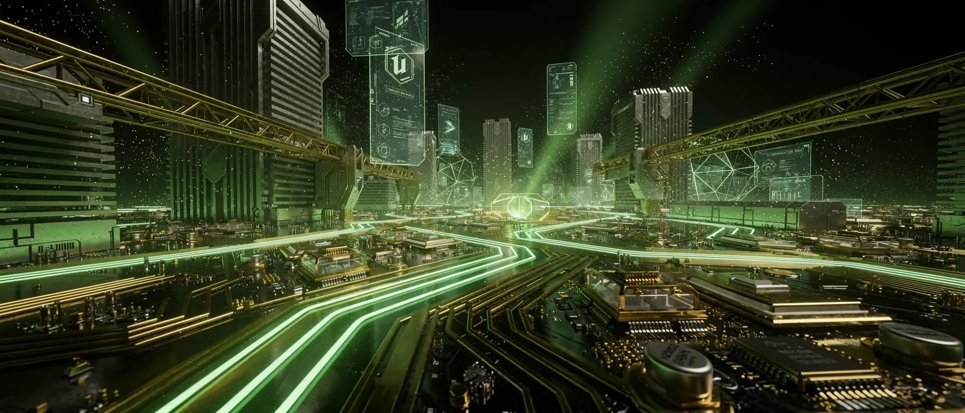 Makroaufnahme einer futuristischen Cyberpunk-Platine mit einem leuchtenden CPU-Sockel, neon-grünen Schaltkreisen und schwebenden Glassplittern.