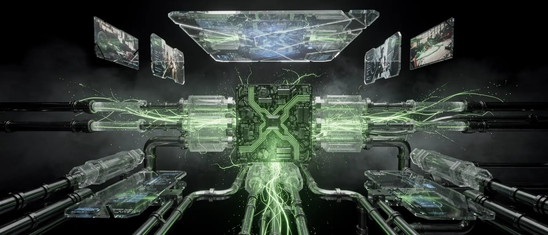 Ein futuristischer GPU-Prozessor schwebt in einem dunklen Labor, durchzogen von pulsierenden neongrünen Energieflüssen und holografischen Fragmenten.
