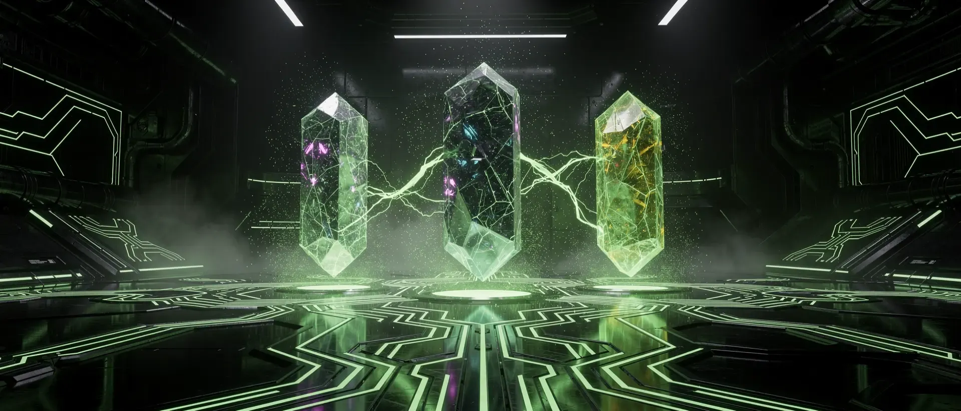 Futuristisches Cyberpunk-Labor mit drei schwebenden holografischen Monolithen und pulsierenden neongrünen Schaltkreis-Mustern auf schwarzem Chrom.