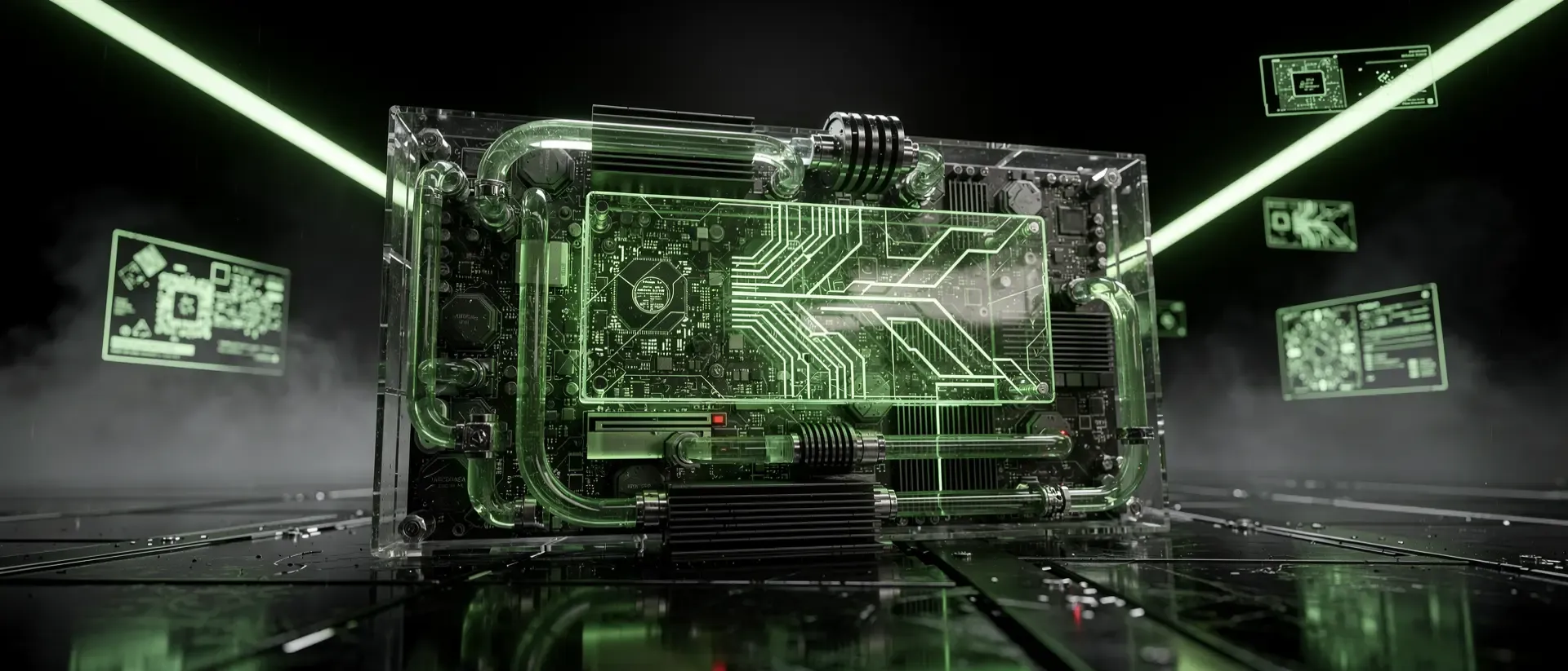 Eine hyperrealistische Cyberpunk-Grafikkarte in einem dunklen, neon-grün leuchtenden Hardware-Rig mit flüssiger Kühlung und holografischen Daten.