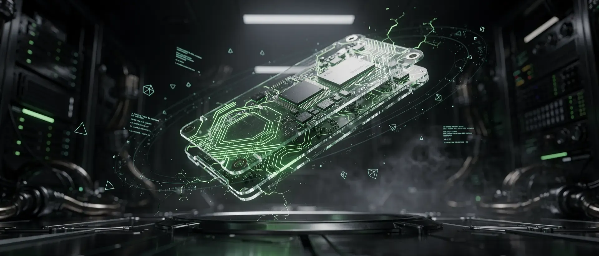 Ein futuristisches Cyberpunk-Labor mit einer schwebenden, neon-grün leuchtenden holografischen SSD vor einem dunklen, rauchigen Hintergrund.
