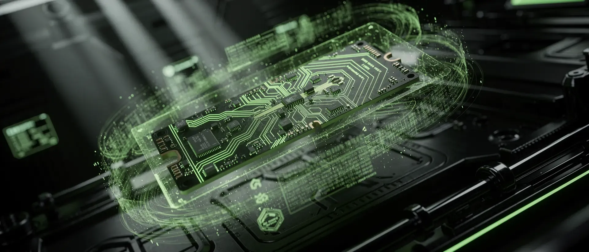 Nahaufnahme einer futuristischen SSD in einem neon-grünen holografischen Stasefeld in einem dunklen Cyberpunk-Labor.