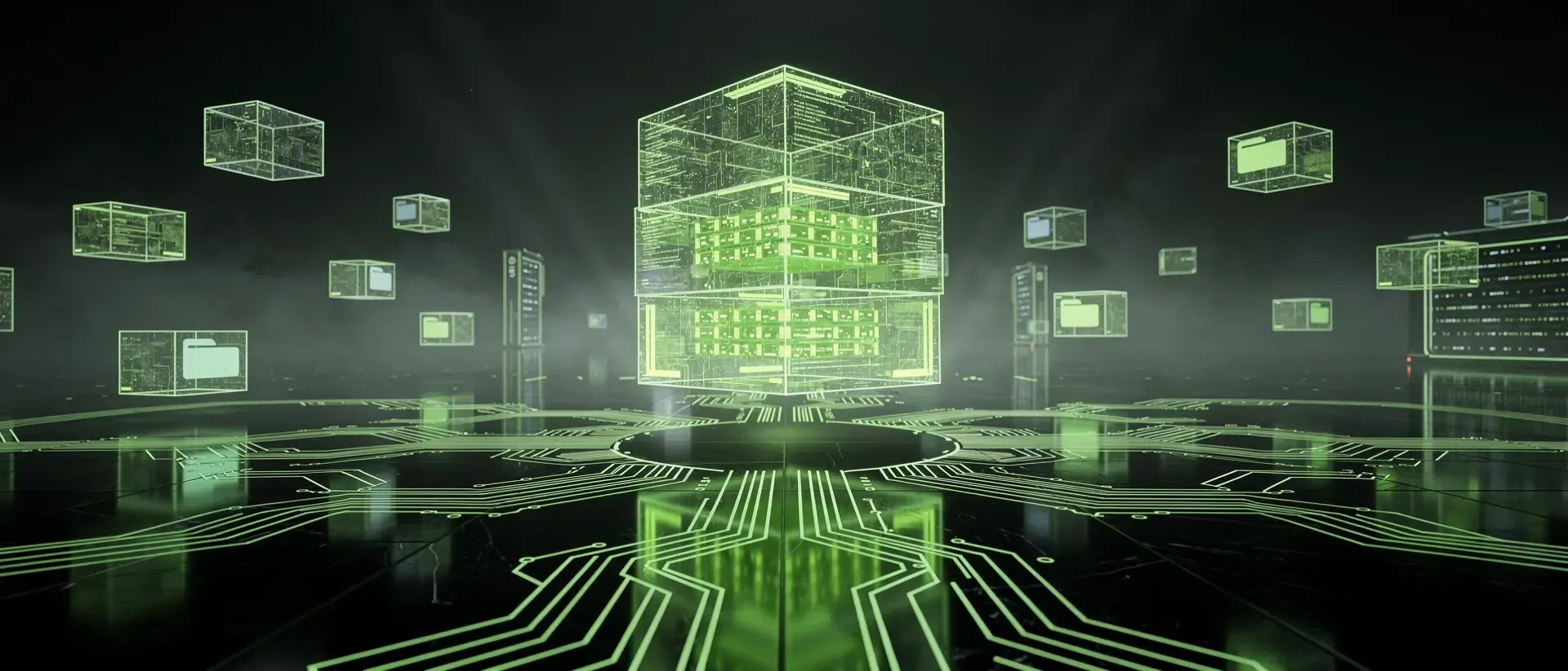 Ein futuristisches Cyberpunk-Archiv mit schwebenden neongrünen Hologramm-Datenwürfeln und glühenden Schaltkreismustern auf schwarzem Obsidianboden.