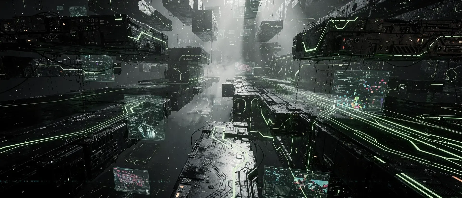 Ein kinoreifer Cyberpunk-Abgrund mit schwebenden, neon-grün leuchtenden Schaltkreisen und holografischen Datenfragmenten in einer dunklen Leere.