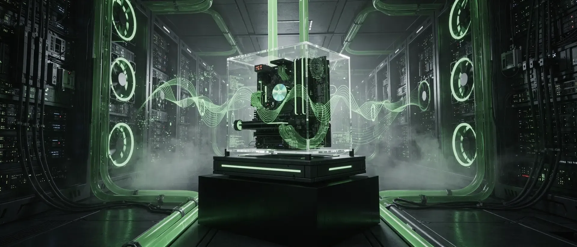 Futuristischer Cyberpunk-Serverraum mit einem transparenten Kühlsystem, leuchtend grünen Flüssigkeitsleitungen und holografischen Frequenzkurven.