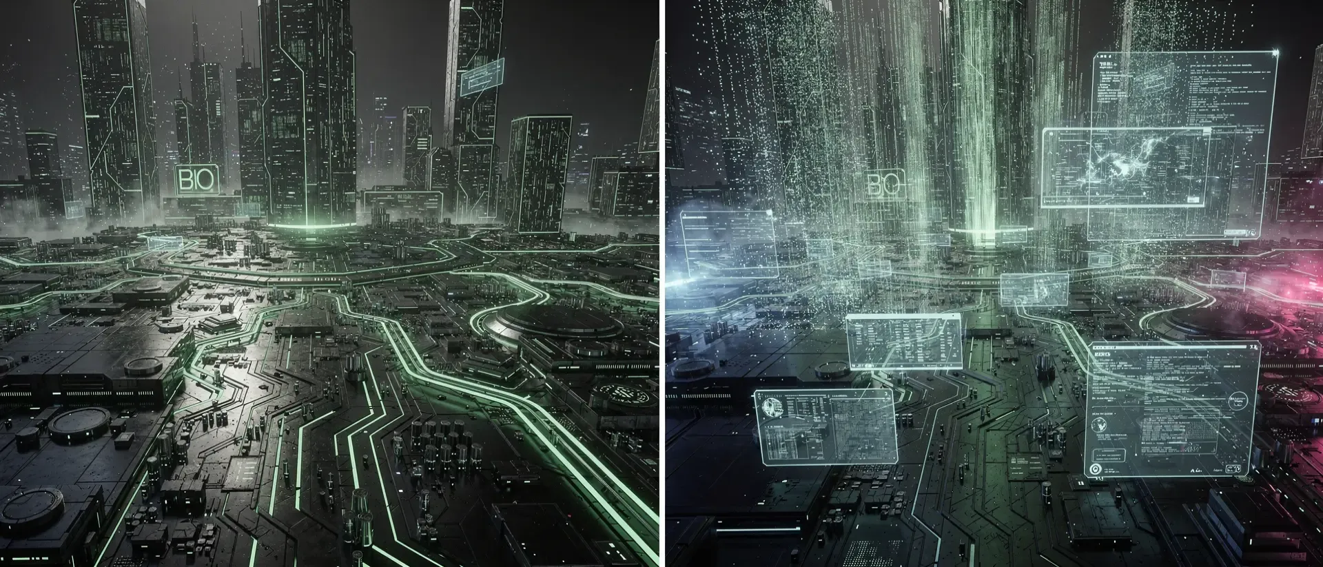Split-Screen-Cyberpunk-Kunst zeigt links eine neon-grüne Hardware-Platine und rechts eine flüssige, holografische Software-Benutzeroberfläche.