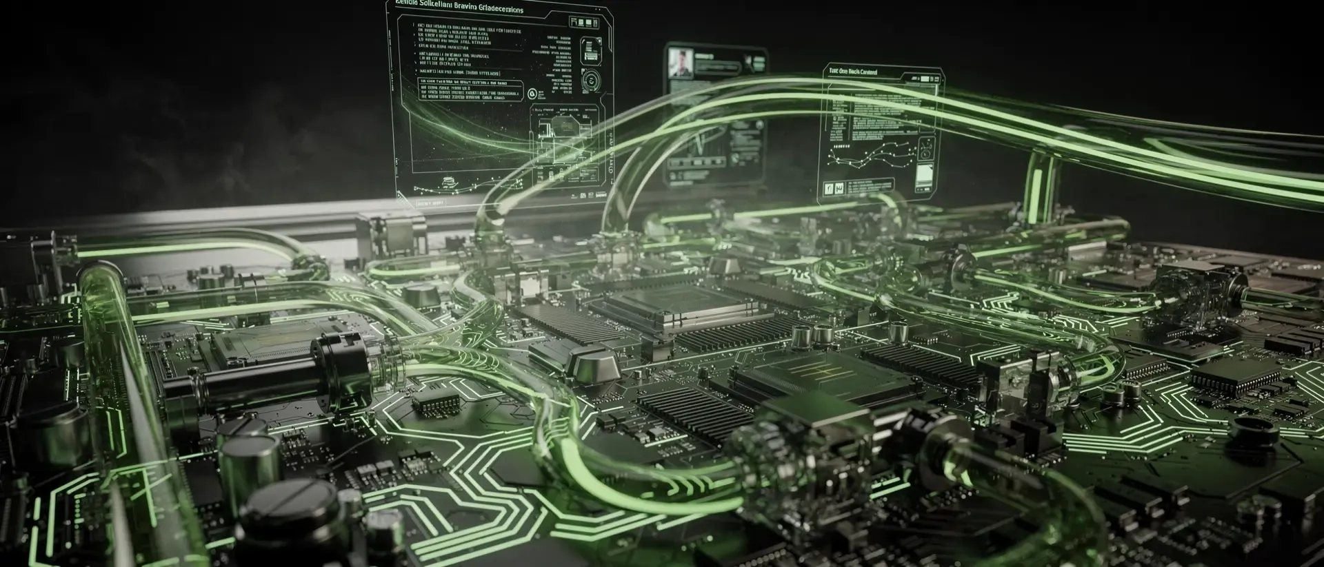 Nahaufnahme eines futuristischen Cyberpunk-Mainboards mit leuchtenden neon-grünen Flüssigkeitskühlungen, Hologrammen und komplexen Schaltkreisen.