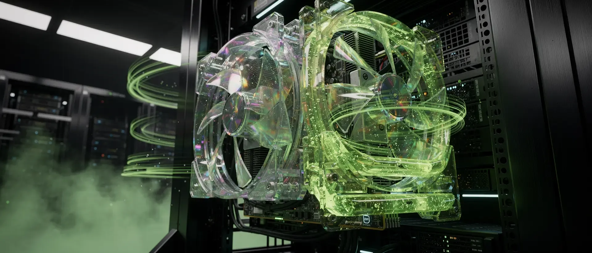 Nahaufnahme eines futuristischen Cyberpunk-CPU-Kühlsystems mit pulsierendem neon-grünem Kühlmittel und holografischen Lüftern in einem dunklen Serverraum.