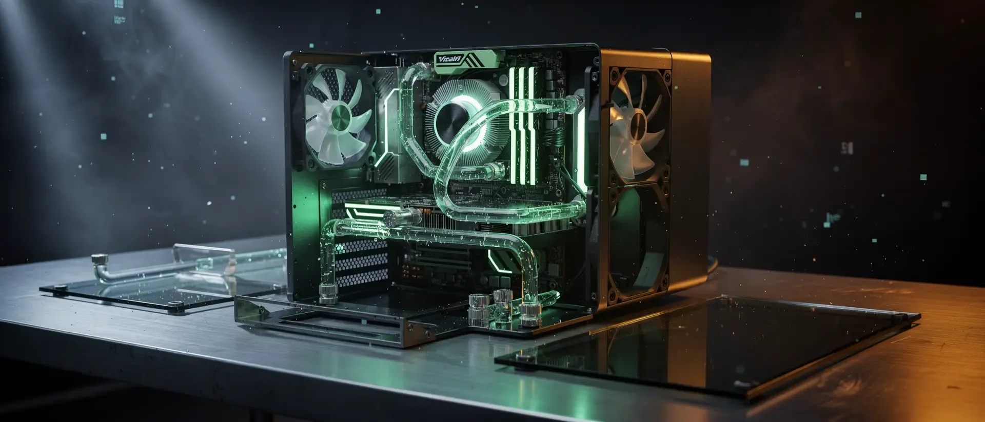 Ein zerlegter SFF-Gaming-PC in einem futuristischen Labor mit leuchtend neongrüner Flüssigkühlung und atmosphärischem Cyberpunk-Design.
