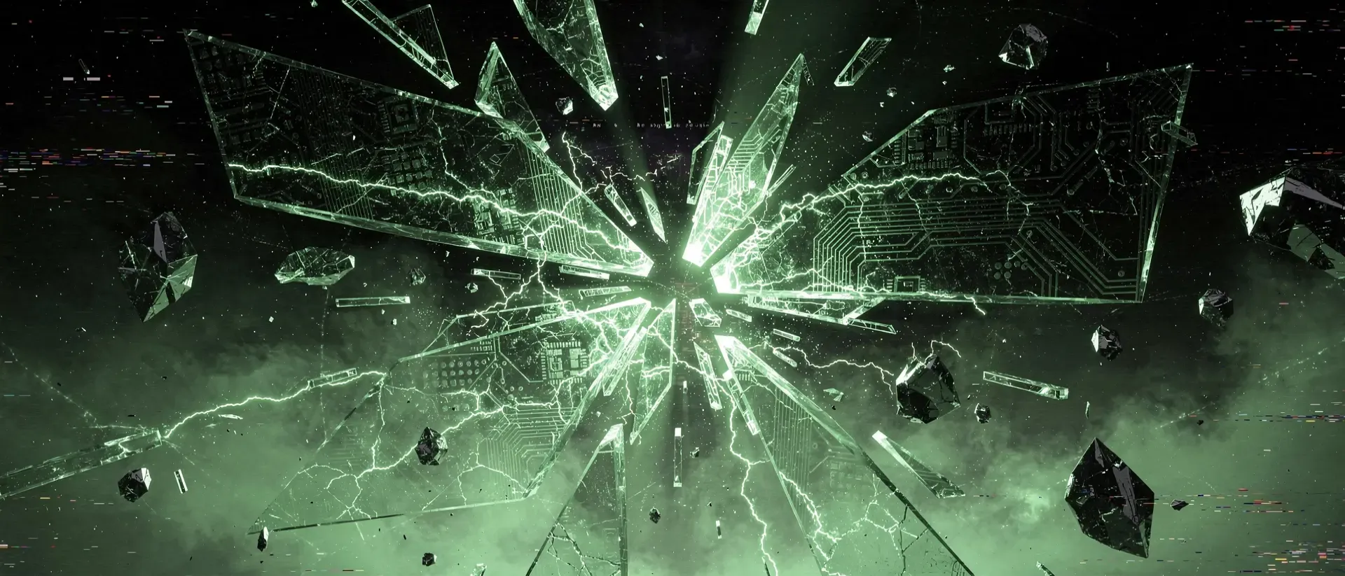 Ein futuristisches Cyberpunk-Szenario mit einer zerbrechenden, holografischen Benutzeroberfläche und leuchtenden neongrünen elektrischen Entladungen im Dunkeln.