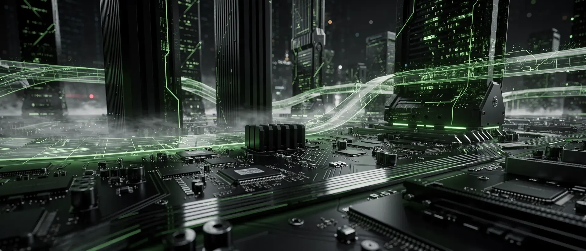 Makroaufnahme einer futuristischen Cyberpunk-Platine als leuchtende Stadt mit neon-grünen Energieimpulsen auf dunklem, metallischem Untergrund.