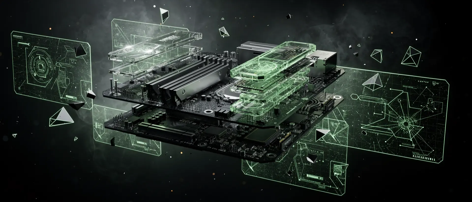 Ein futuristischer Cyberpunk-PC mit schwebenden Hardware-Komponenten und leuchtend neongrünen Energiekreisläufen in einer dunklen, nebligen Umgebung.