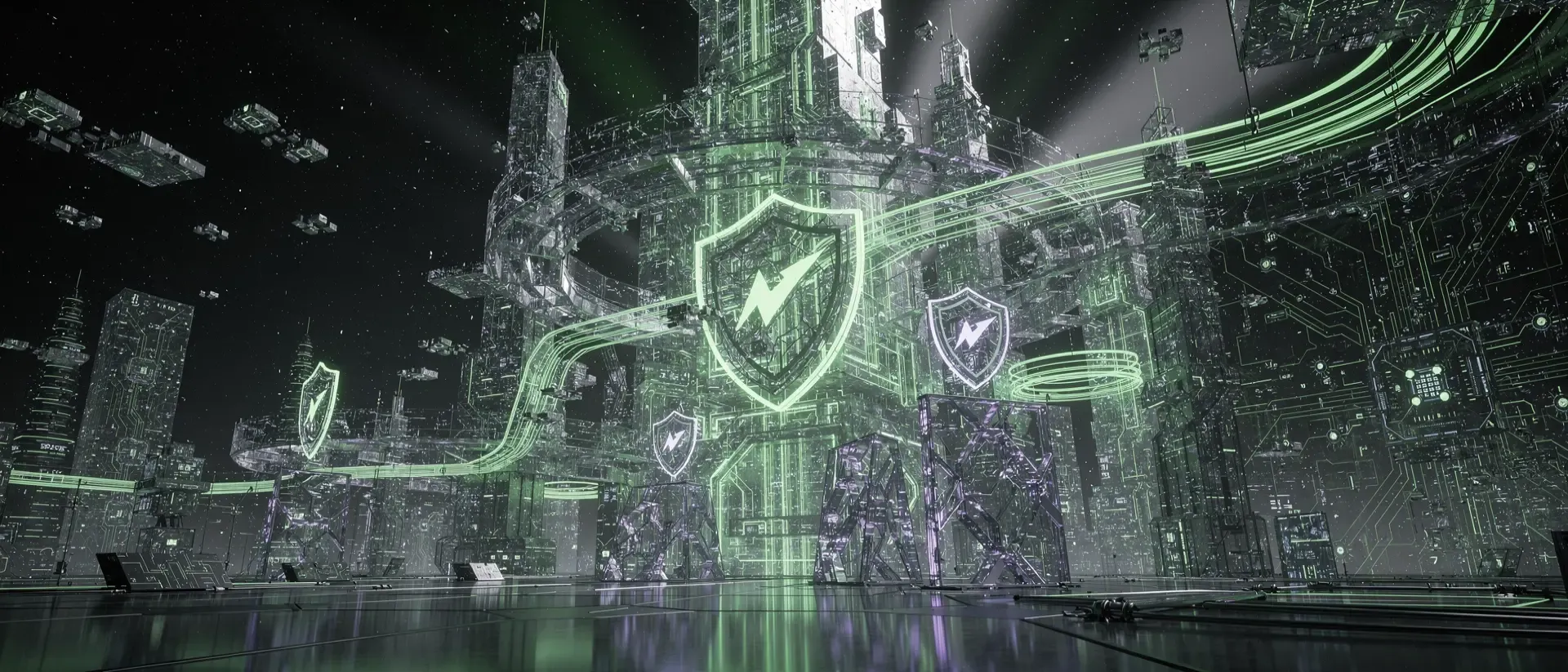 Ein futuristisches Cyberpunk-Netzwerk aus leuchtend neongrünen Energiefäden und holografischen Schaltkreisen in einem digitalen, dunklen Raum.
