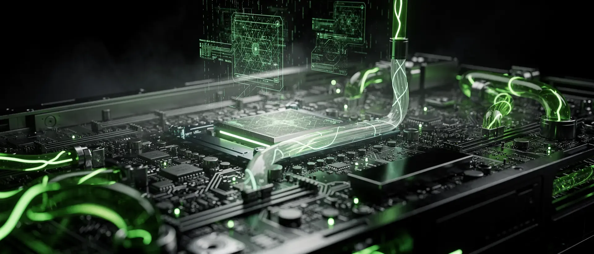 Nahaufnahme einer futuristischen Cyberpunk-Platine mit leuchtend grünen Kühlmittelleitungen, Glasfaserkabeln und holografischen digitalen Gittern.