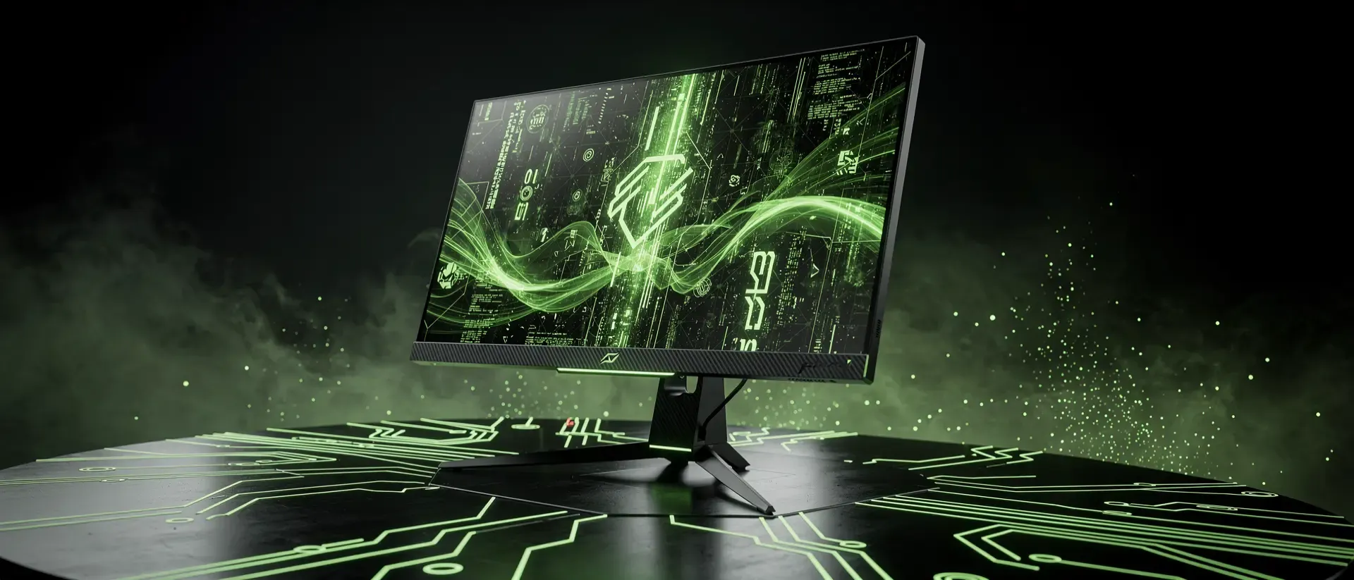 Futuristischer 24-Zoll-Gaming-Monitor in einer dunklen Cyberpunk-Umgebung mit leuchtend neongrünen Schaltkreismustern und abstrakten Datenströmen.