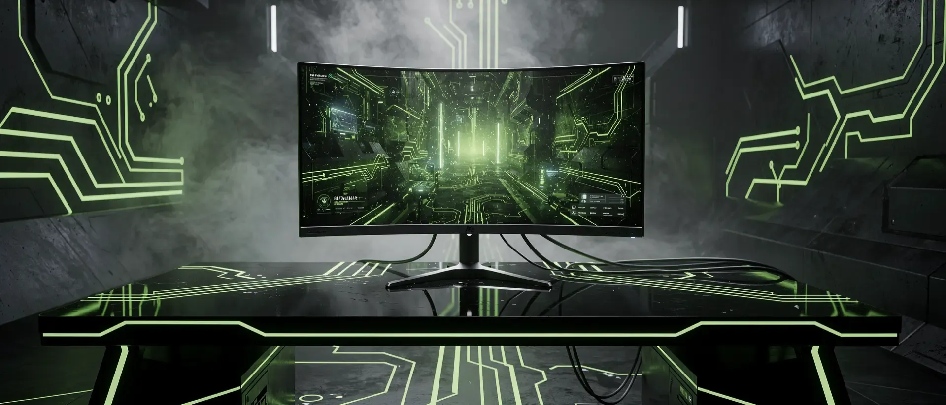 Futuristisches Cyberpunk-Gaming-Setup mit einem gebogenen Monitor und leuchtend neongrünen Schaltkreis-Akzenten in einem dunklen, dystopischen Raum.