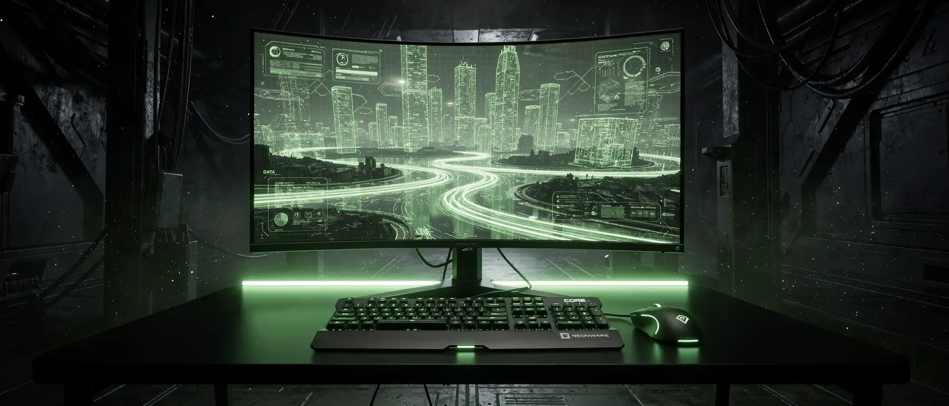 Futuristischer Gaming-Arbeitsplatz in einer dunklen Cyberpunk-Umgebung mit einem großen gebogenen Monitor und leuchtend neongrüner Beleuchtung.
