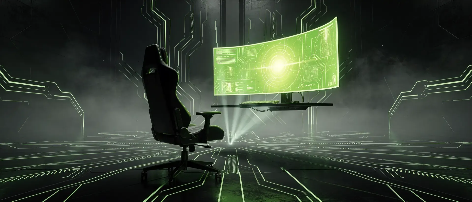 Ein futuristischer Cyberpunk-Arbeitsplatz mit einem leuchtend neongrünen Hologramm-Monitor und einem ergonomischen Cyber-Stuhl in einer dunklen Umgebung.